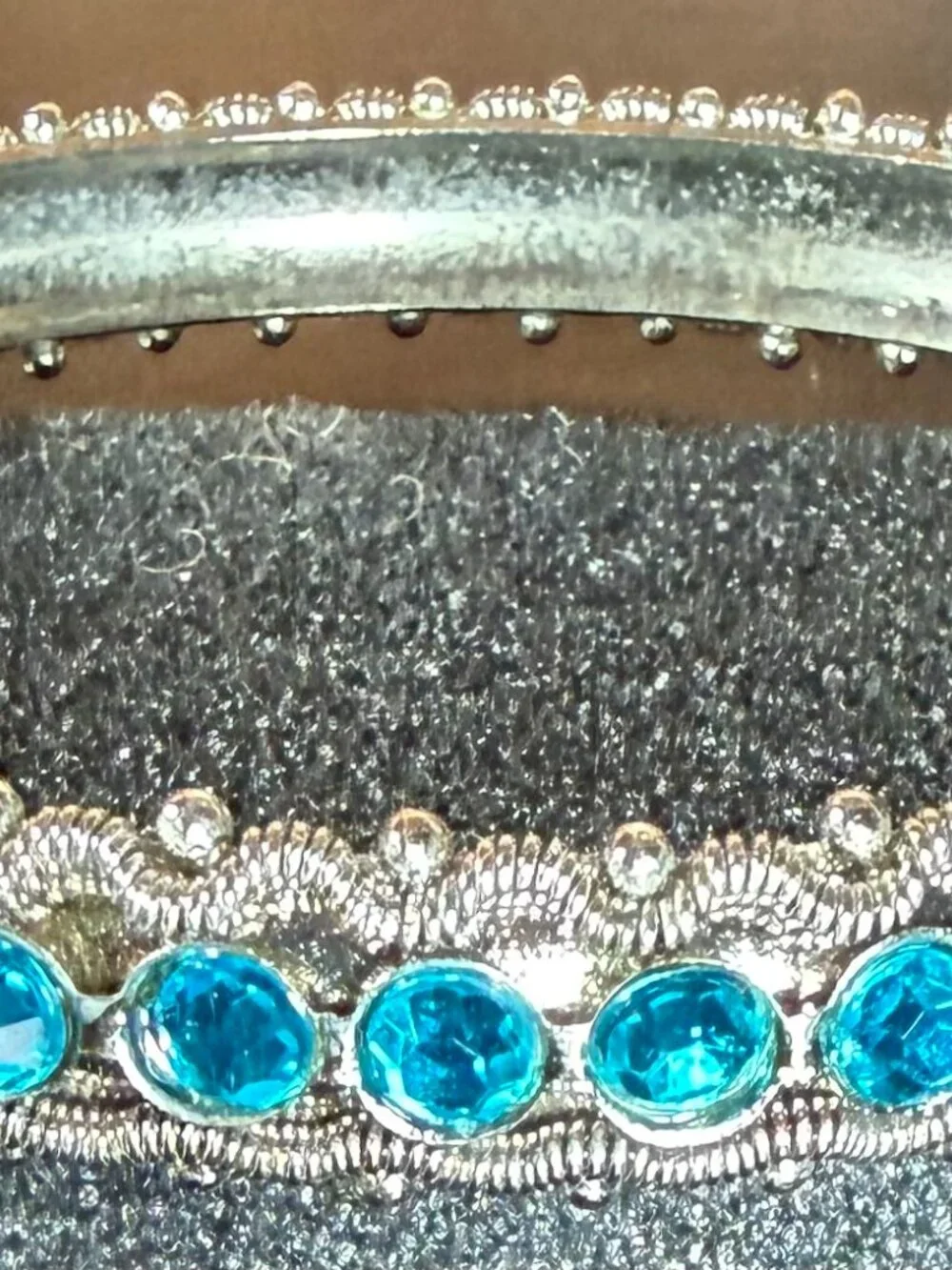 2 Silver Tone Bangle Bracelets Intricate Filigree Wirework Blue Crystals Mirror